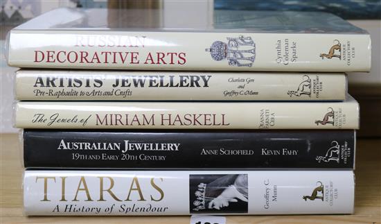 Five reference books including Russian Decorative Arts, Artists Jewellery Pre-raphaelite to Arts & Crafts,